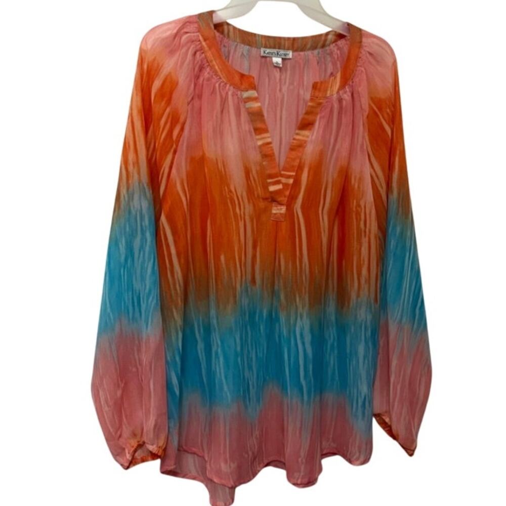 Katie's Kloset Tie Dye Blouse L Orange Teal Pink Sheer Crinkled V-Neck Top
